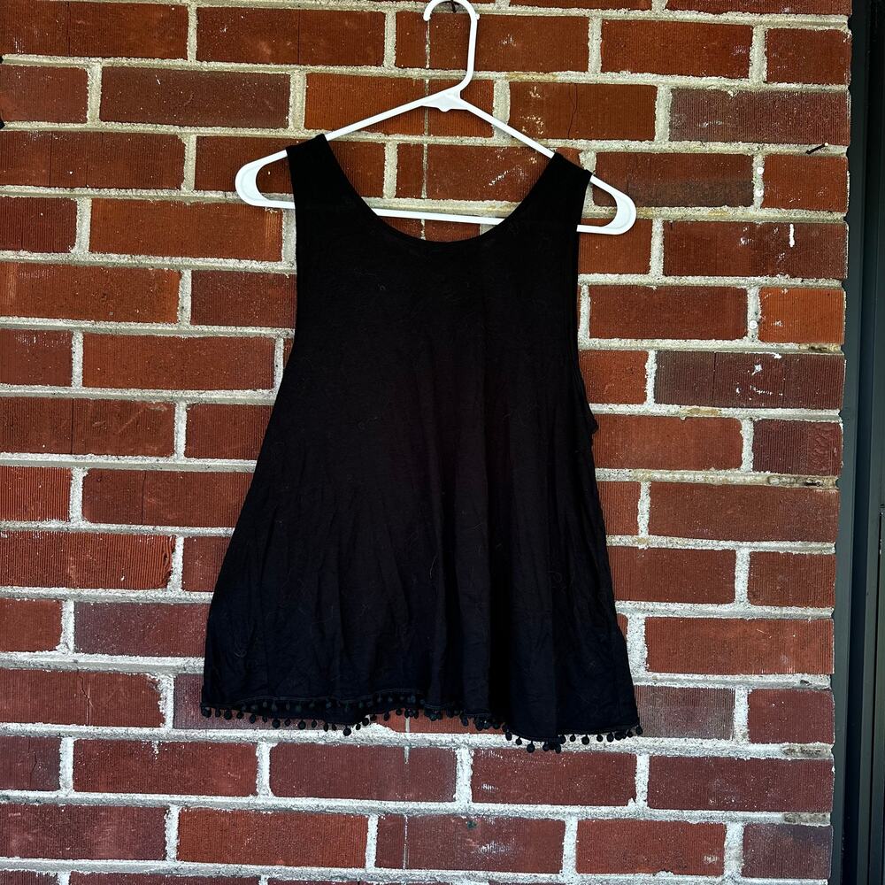 Three Dots Black Sleeveless Pom Pom Hem Tunic Tank Top Women Medium Made in USA
